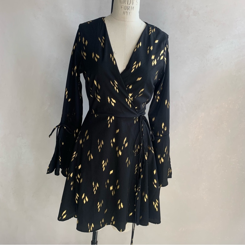 Lulu's Black and Gold Bell Sleeve Wrap Dress